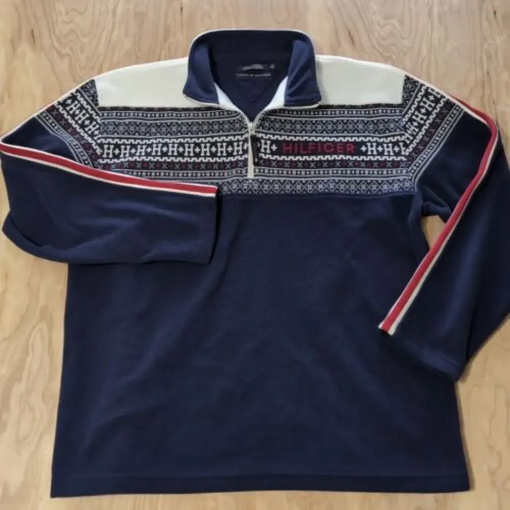Tommy Hilfiger Mens Sweater XL‎ Fair Isle Warm Fleece Logo Side Striped Shirt